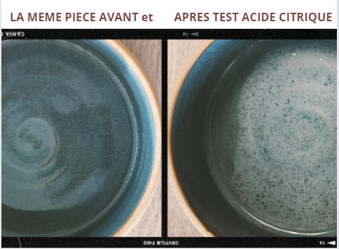 Une pièce à usage alimentaire trempée dans de l'acide citrique montre un changement important de la surface, visible à l'oeil nu