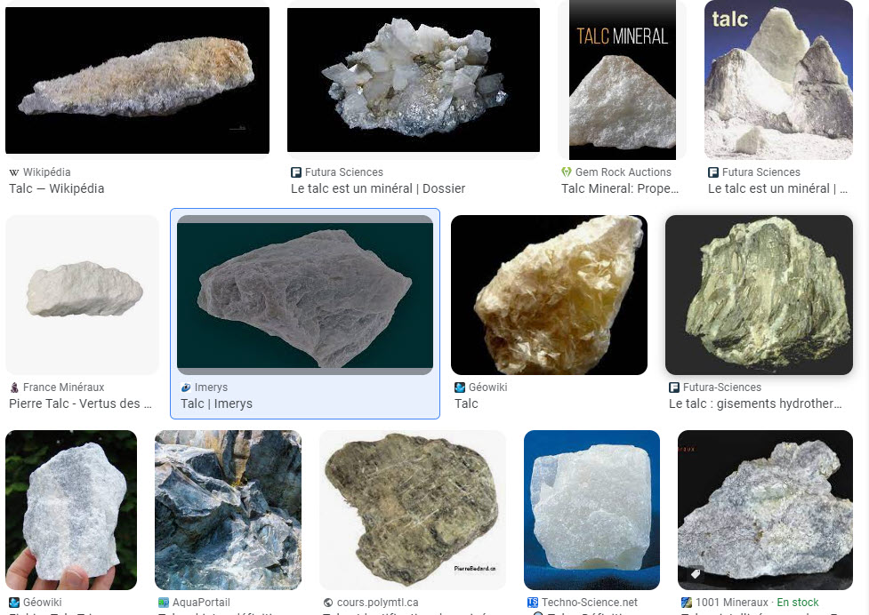différentes roches classées sous le nom de "talc" 